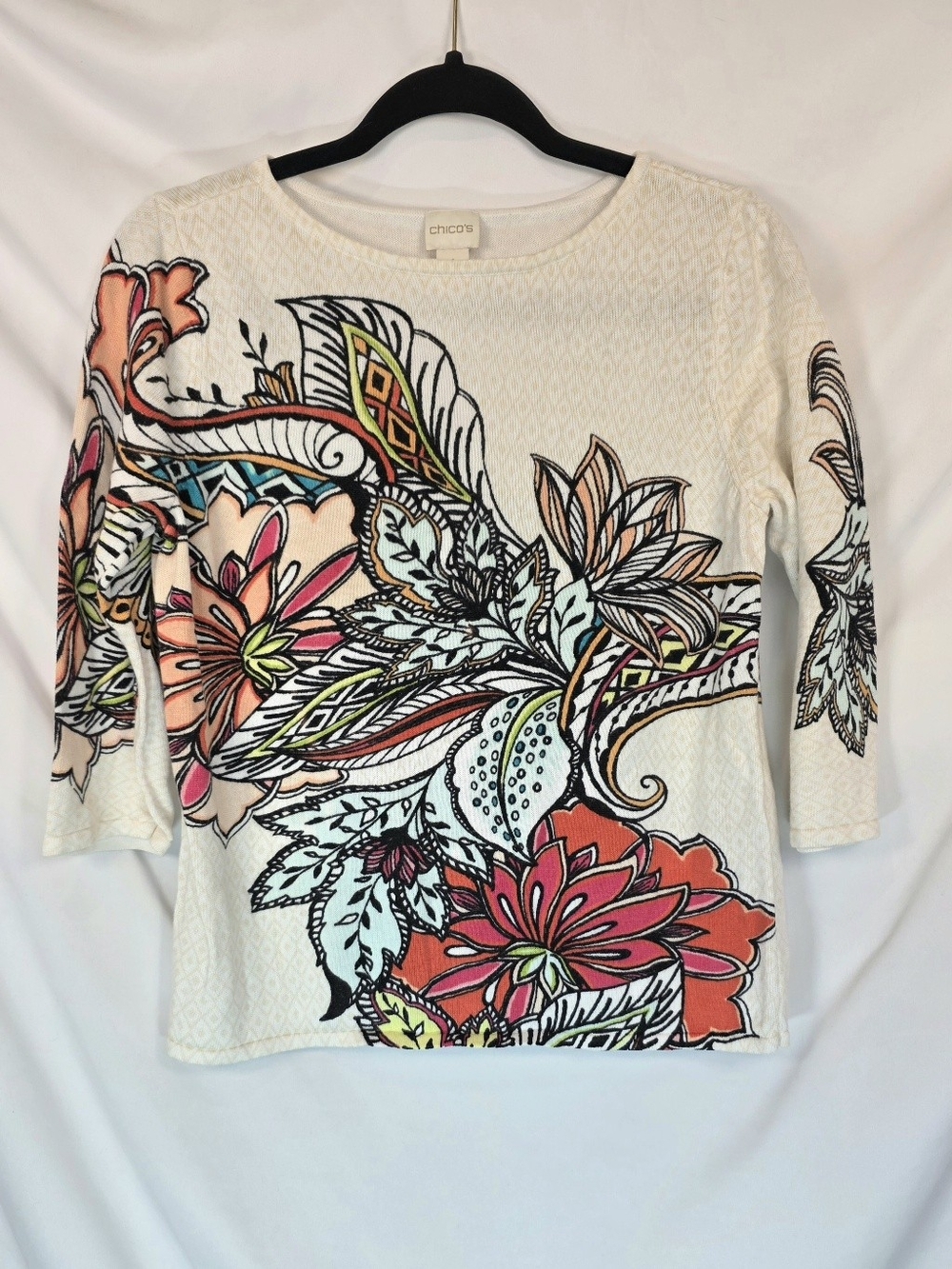 Chicos Womens Abstract Floral Pullover Sweater Sz 1 (M) Artsy Botanical Knit Top